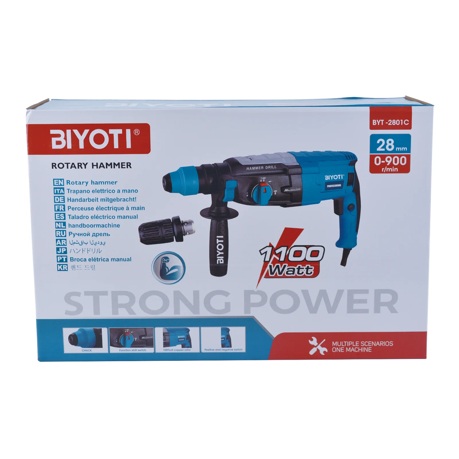 BIYOTI Rotary Electric Hammer 28mm Rotary Drill Manual Hammer With Impact Quickly Chuck With 5 Bits Stop Used For Drilling