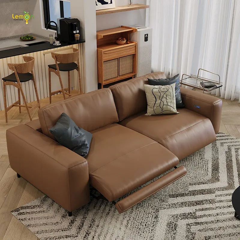 Italian light luxury retro bread lazy straight-row telescopic electric functional sofa living room elephant ear leather sofa