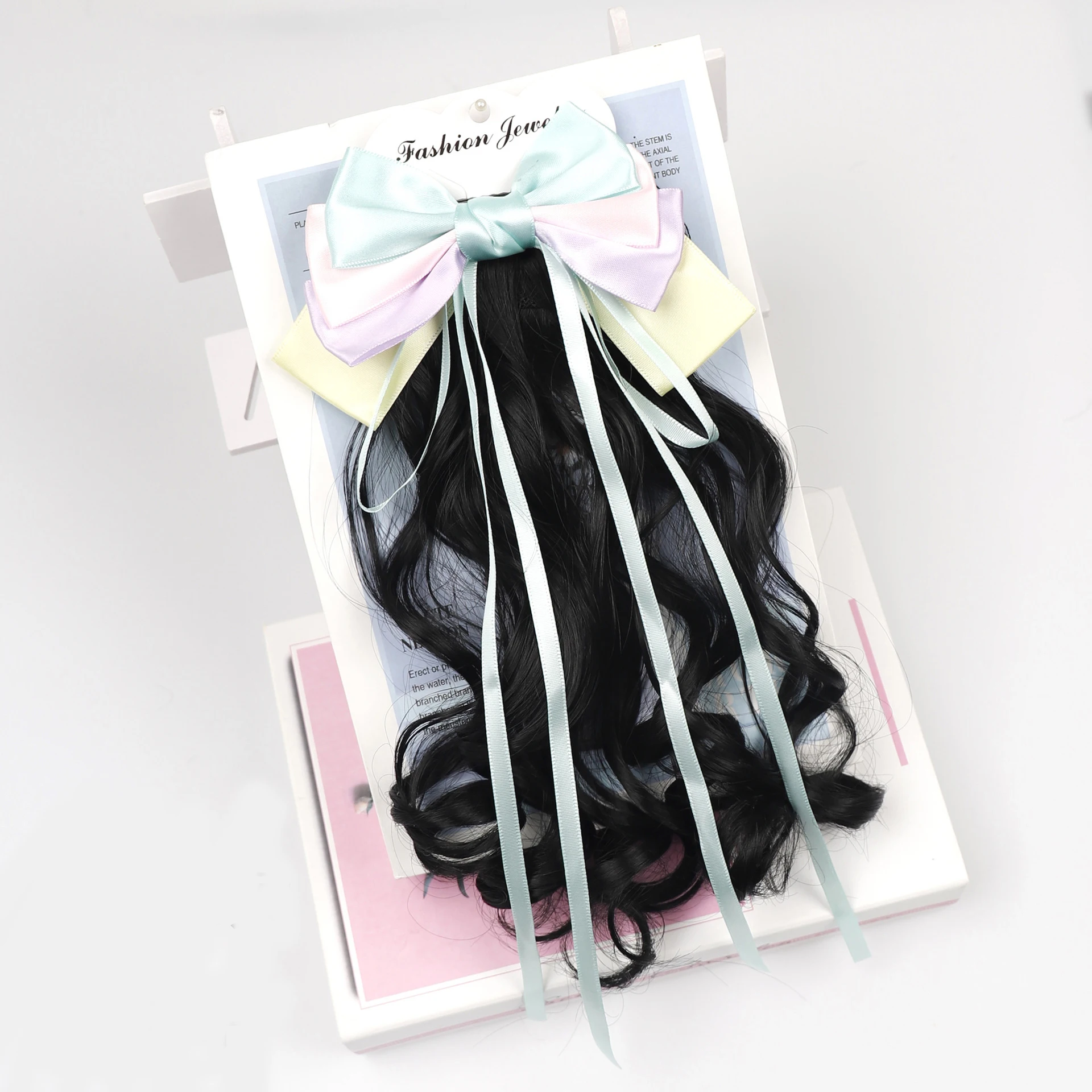 Kid Wig Hairpiece 10 Inch Short Natural Curly Clip In Ponytail Hair Extension With Bow Ribbon