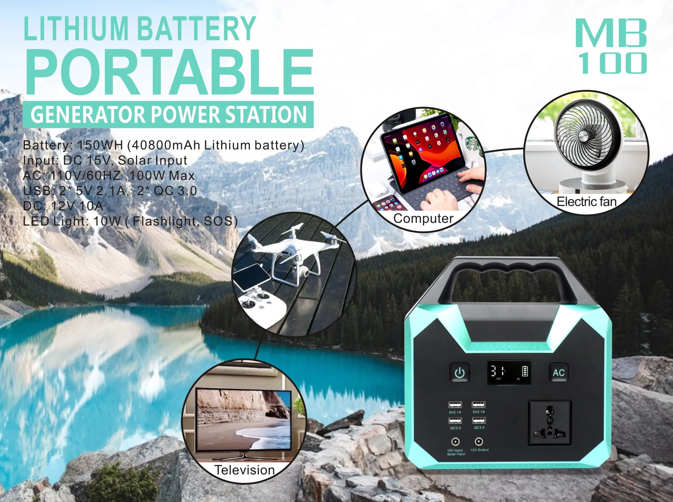 40800 mAh Capacity Portable Power Station Lithium battery 150WH 110V 220V Ac Qc 3.0 Fast Charge Multipurpose Power Station