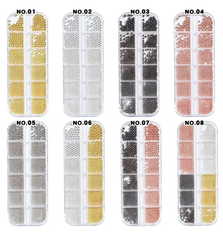 Mini Small Stainless Steel Caviar Beads Nail Rhinestones 12Grids/Box Mixed Size Silver Rose Gold Micro Ball Nail Art Charms