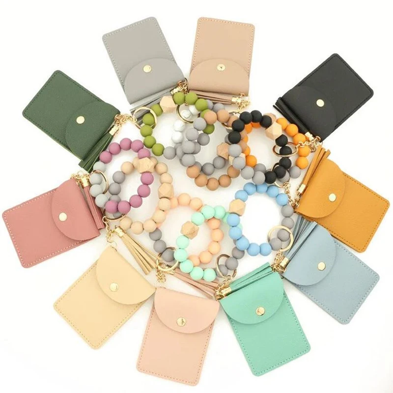 Women Fashion Money Bag Wallet Card Bag Keychain Wristlet PU Leather Tassel Key Ring Silicone Bead Bracelet Card Holder Pouch