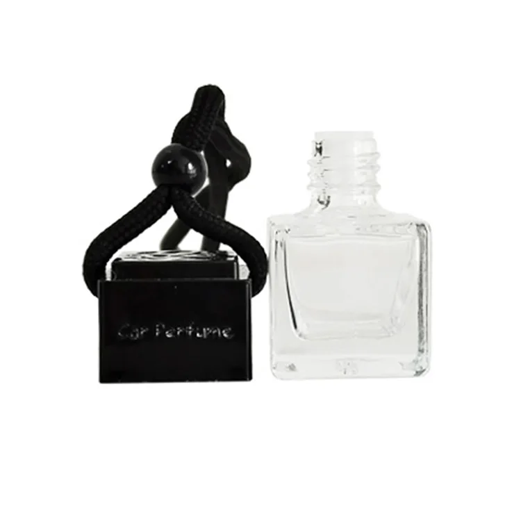 Hot Sale 8ml Mini Square Car Hanging Diffuser Fragrance Perfume Oil Empty Glass Bottles with Black Gold Sliver Cap