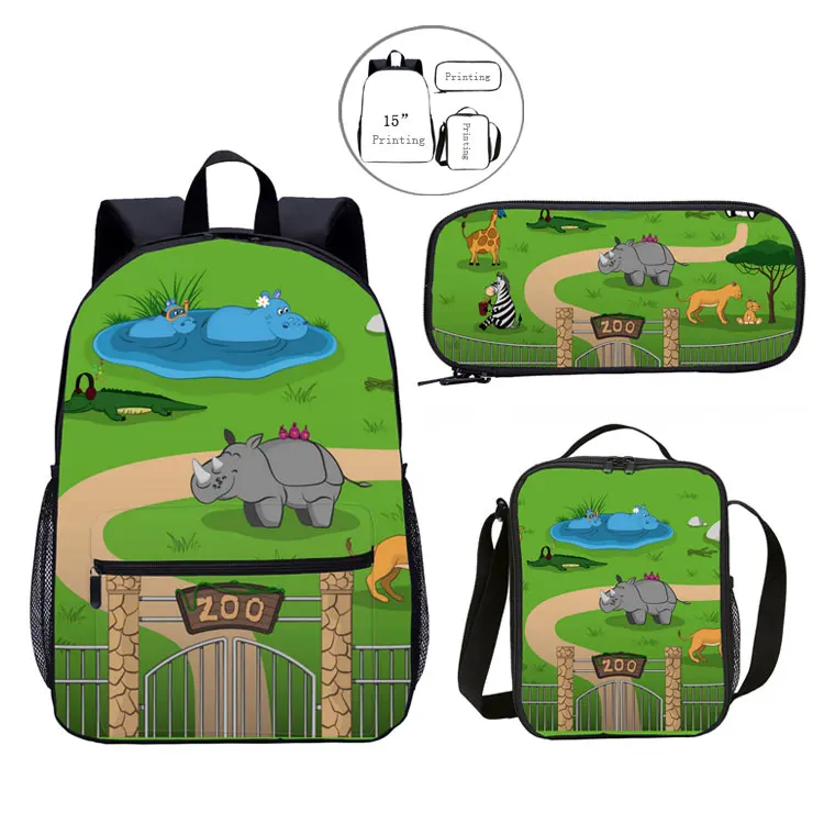 LOW MOQ 3 set wholesale book bags with lunch bag, 3pcs set custom cartoon kids school bag set backpack