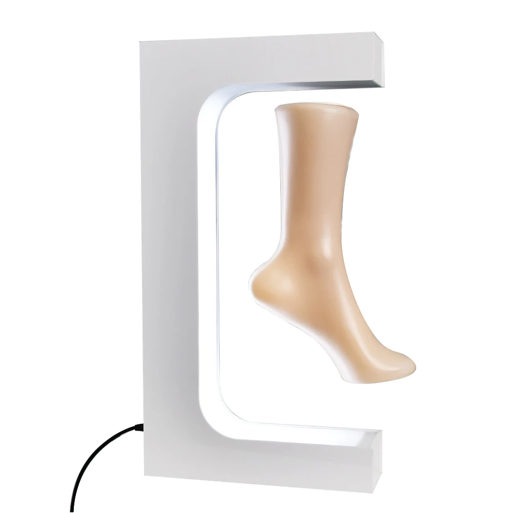 2023 E shape magnet floating shoe display for foot,Customization sneaker colorful lighting rotating magnetic levitating feet sho