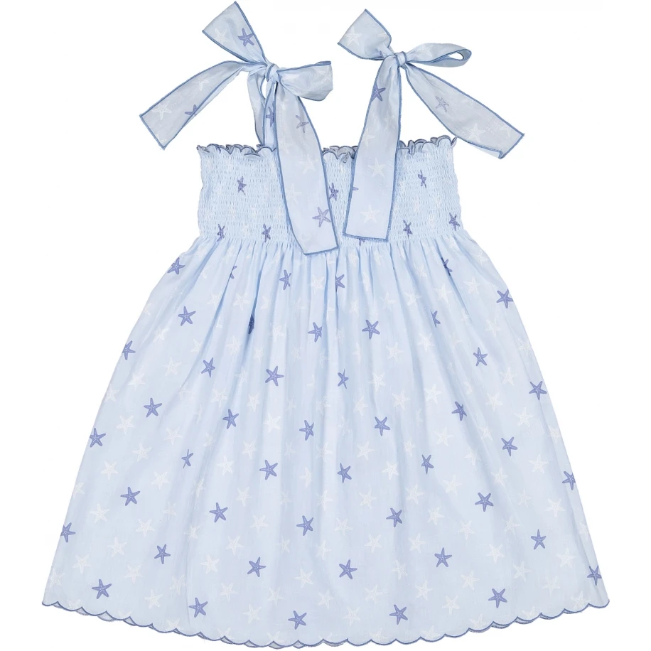 Boutique fashion kids girls casual dresses crop shoulder star printed smocked dresses for 3-12 years