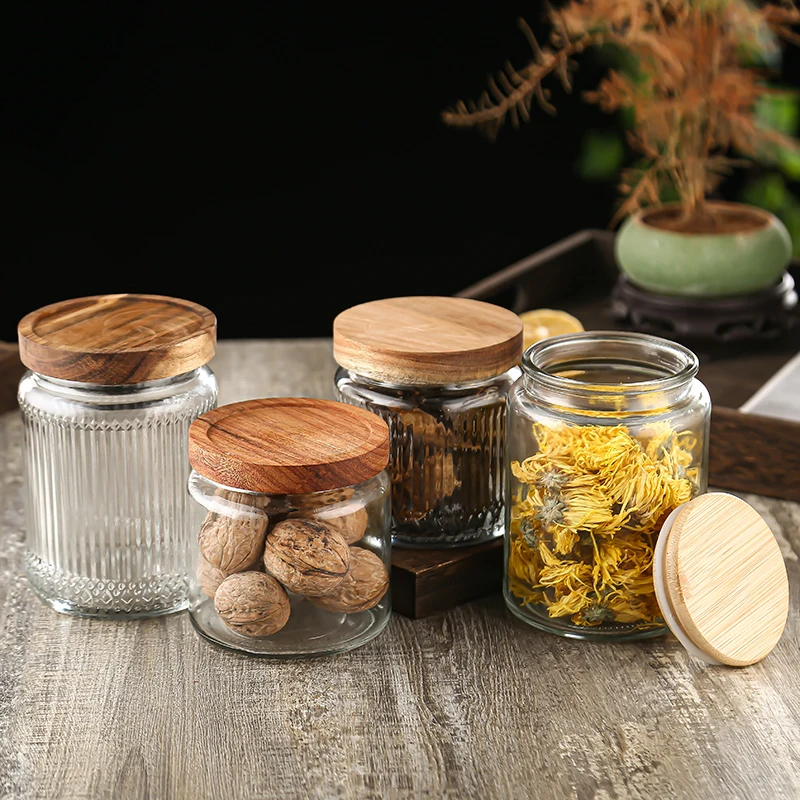 Top seller 500ml clear round vintage ribbed airtight kitchen food spice container bottle pot set glass storage jar with lid
