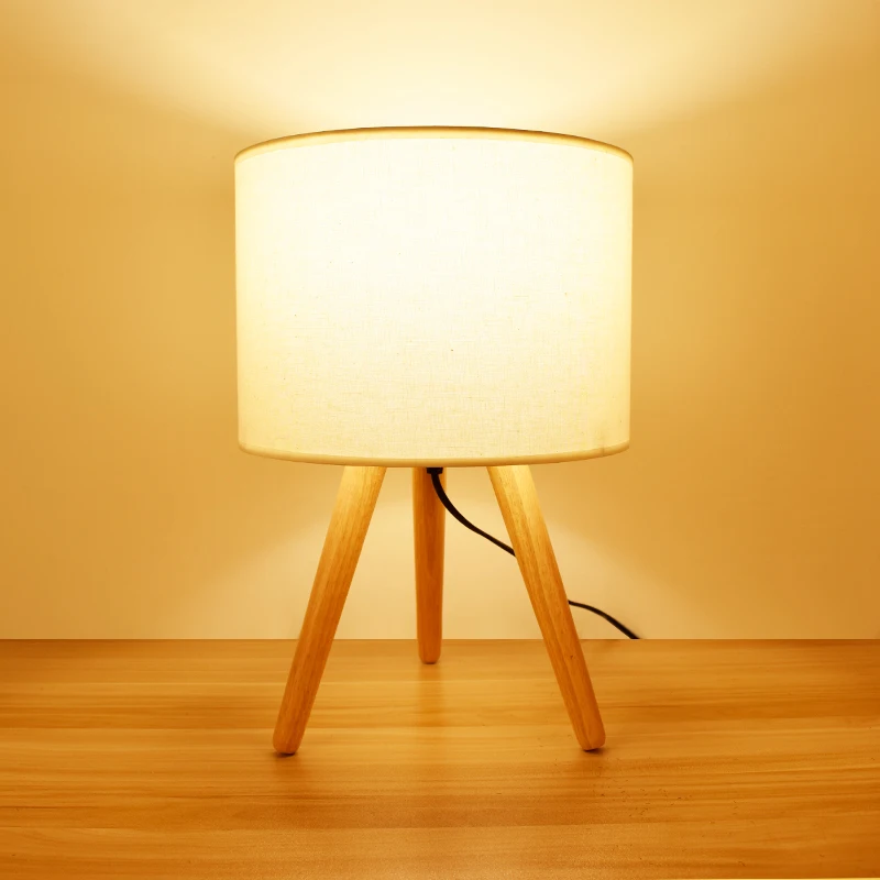 high quality decor Wooden Tripod Bedside Table Lamp Fabric Linen Shade wood base table desk lamp light for home