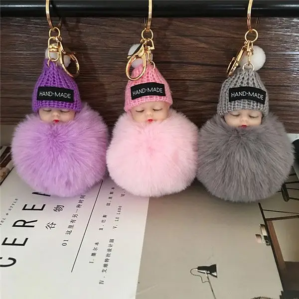 Cute Cartoon Sleeping Doll Keychain Fur Ball Plush KeyChain Keyring Women Handbag Car Key Holder Bag Pendant Toys for Kids Gift