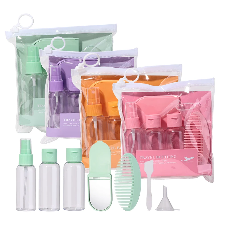 LMLTOP Hot Sale Candy color 7 Pcs 50 ML Plastic Bottle Mini Empty Bottle PET Travel Bottle Set with Comb and Mirror SY763