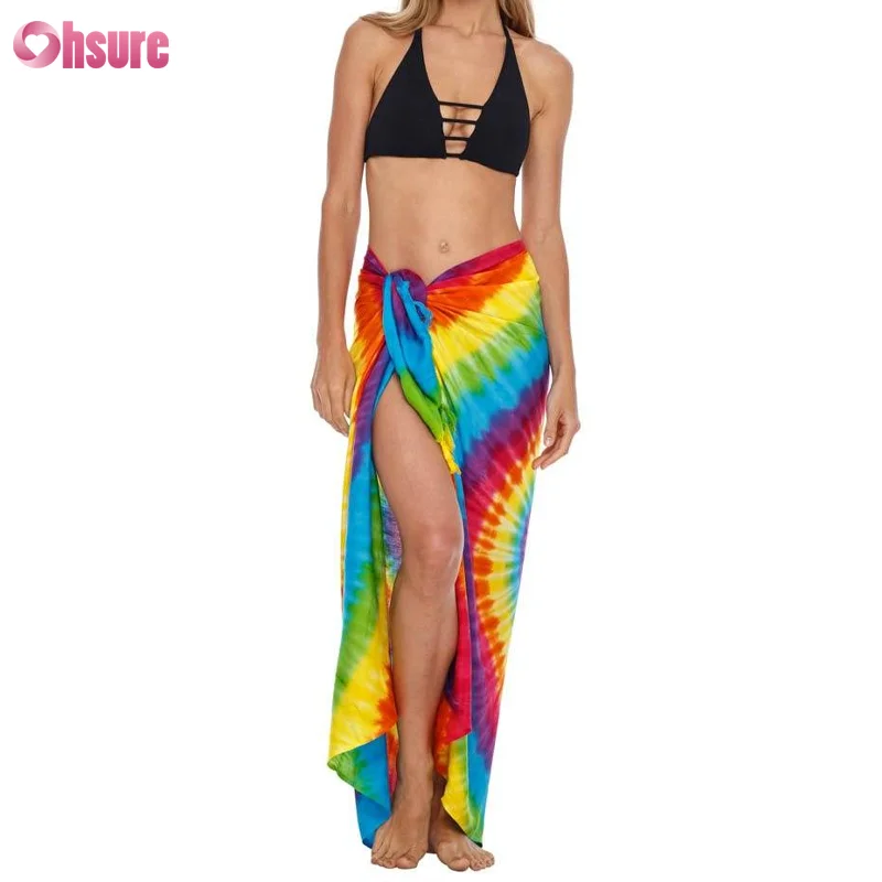 wholesale new style summer deep v bikini set tie dyed sarong wrap for women