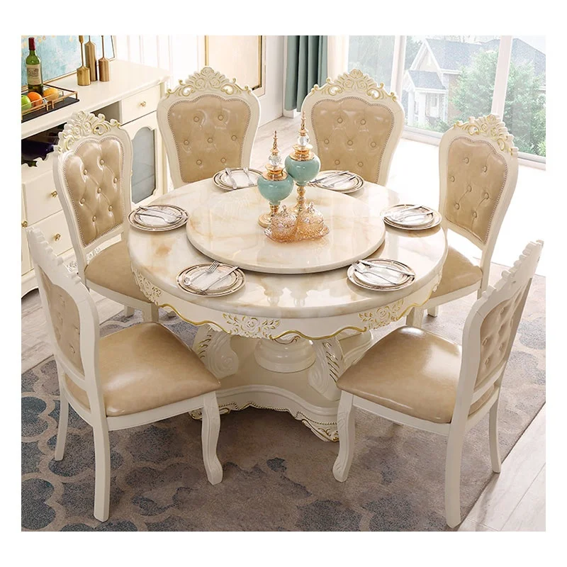 
Modern Luxury Beautiful Solid Wood Furniture 6 Seater Chiars Carve Marble Round Dining Table Set 