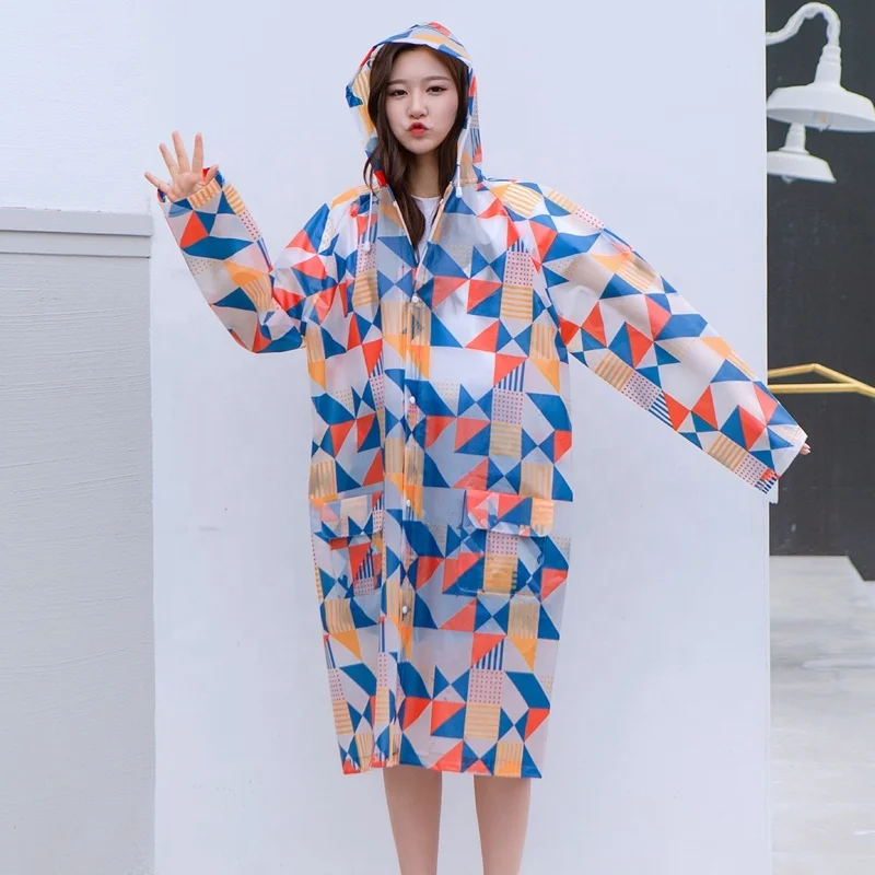 Adult long outdoor hiking travel plastic full printing EVA colorful  raincoat