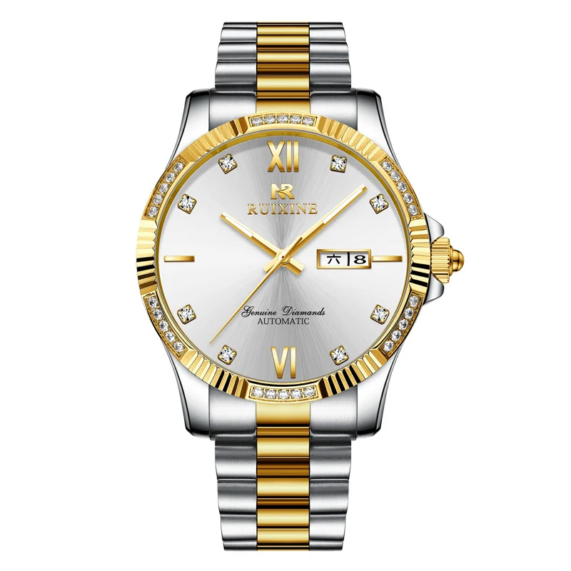 Full Diamond 14K 18K Gold Stainless Steel Mechanical Watch  R7123