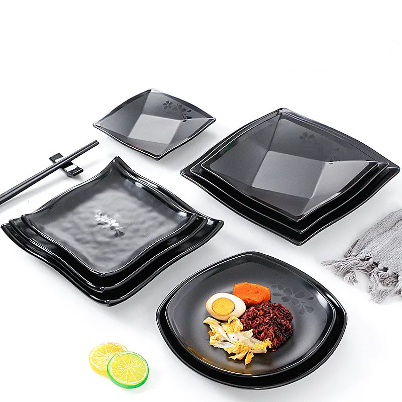 Керамическая цветная японская обеденная тарелка для суши 100% Меламиновая Посуда Наборы посуды вишневые цветы квадратная черная пластиковая тарелка