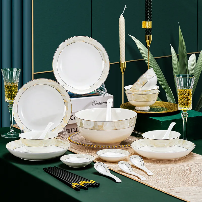 Luxury Design Porcelain Dinner Plates Sets Microwave Dishwasher Safe Fine Bone China Dinnerware Set for 10 Person Flower Deccal