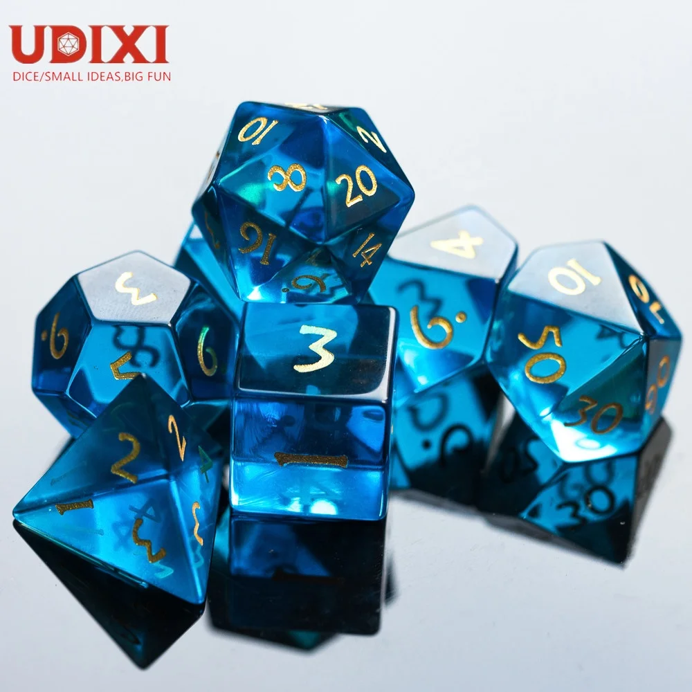 Udixi Polyhedral custom logo rpg dungeons and dragons Gemstone dice game set Sky Blue Glass Dice