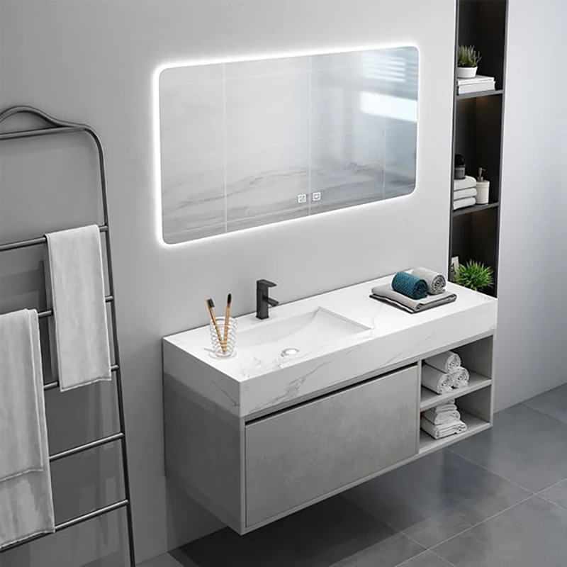 Foshan 30inch Single Wall Mount Bathroom cabinet Light Grey Vanity PVC Modern Bathroom Vanity with Sink