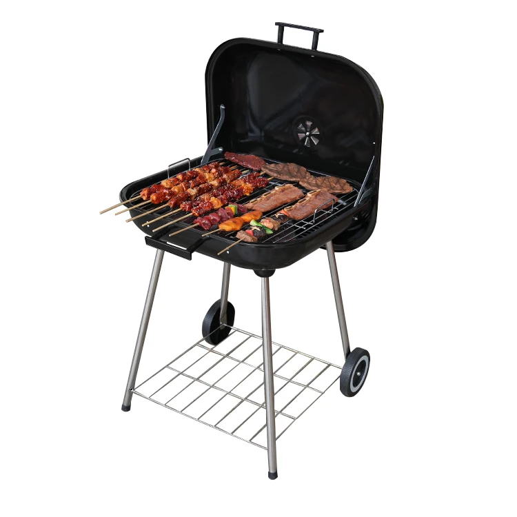Portable Outdoor Patio Garden Barbecue Trolley Square Charcoal Bbq Grill With Foldable Lid
