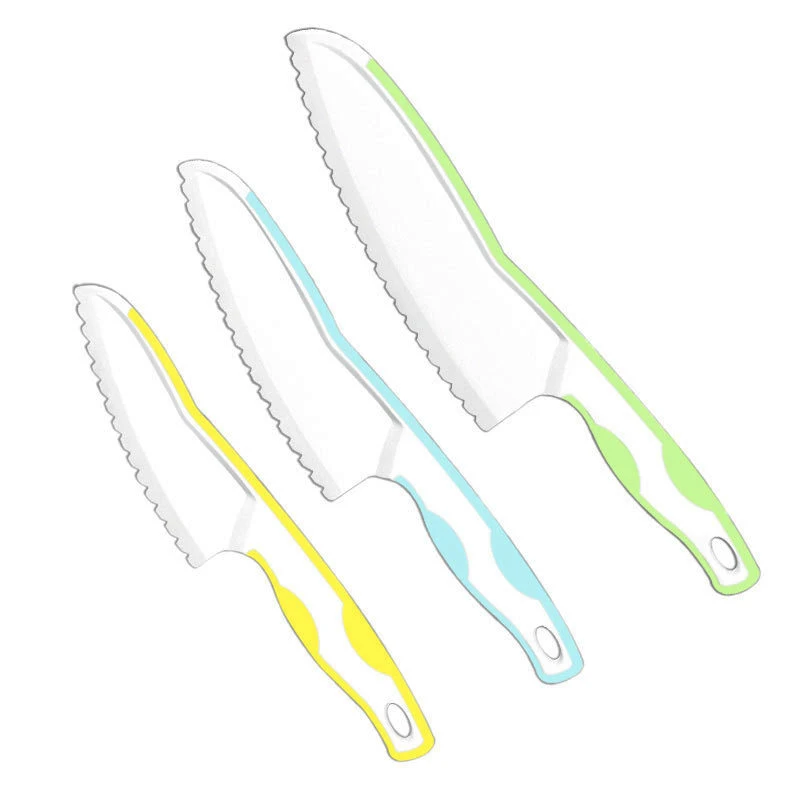 3 Pieces Children Safe Kitchen Kids Plastic Knife Set with Serrated Edges Plastic Toddler Knife for Fruit Cake