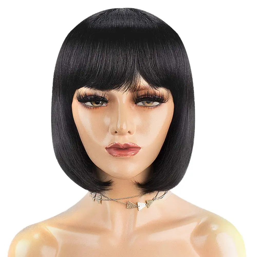 Human Hair Short Straight Bob Wig For Black Women,Brazilian Remy Hair Pixie Cut BOB Wig Full Machine Made Wig With Bangs