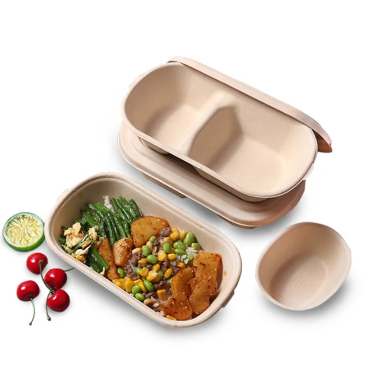 SenAng05 Cheap Single Compartment Compostable Clamshell Container Oval Microwave Safe Bagass Pulp Lunch Box