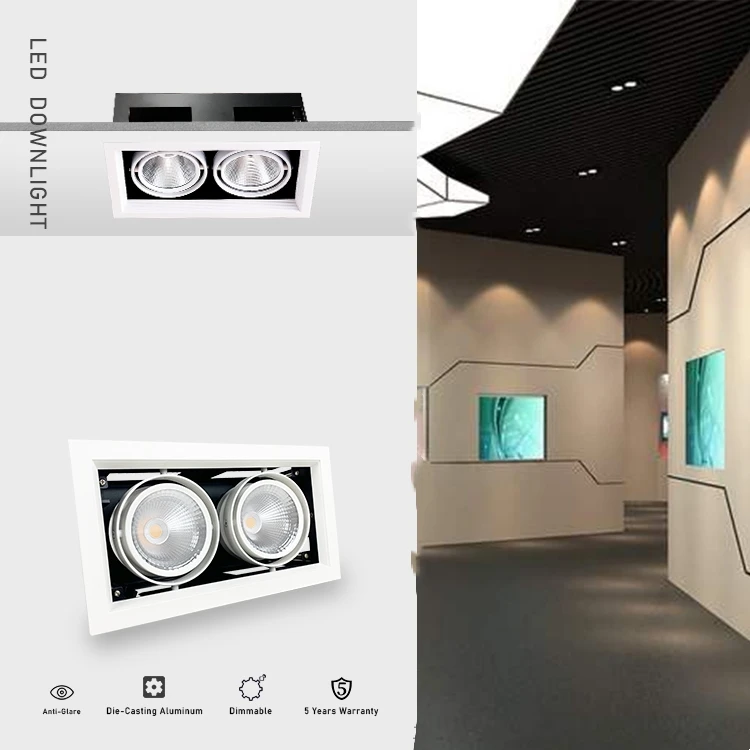 Tiltable Double head 50W Spot light ceiling Recessed Mounted Rectangle shell COB led grille light