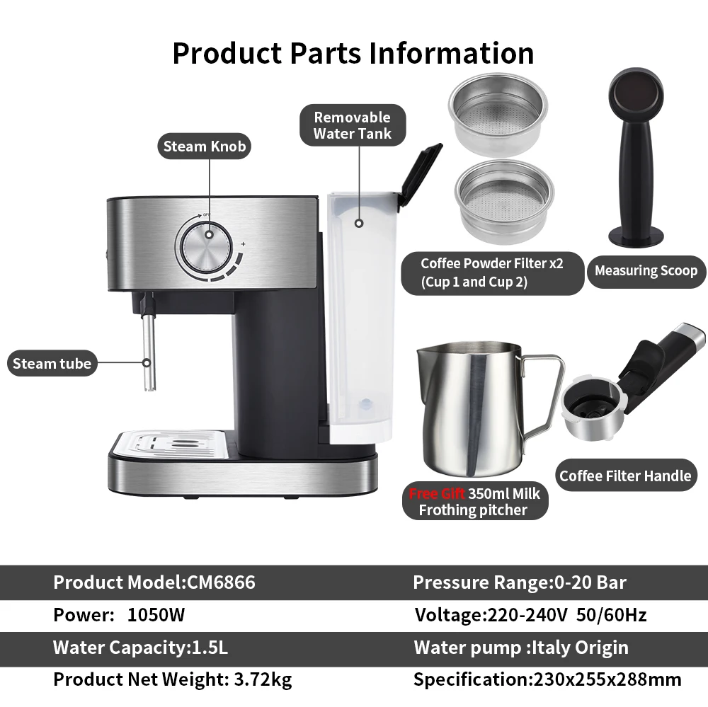 BioloMix 20 Bar 1050W Semi Automatic Espresso Coffee Machine Coffee Maker with Milk Frother Cafetera Cappuccino Hot Water Steam
