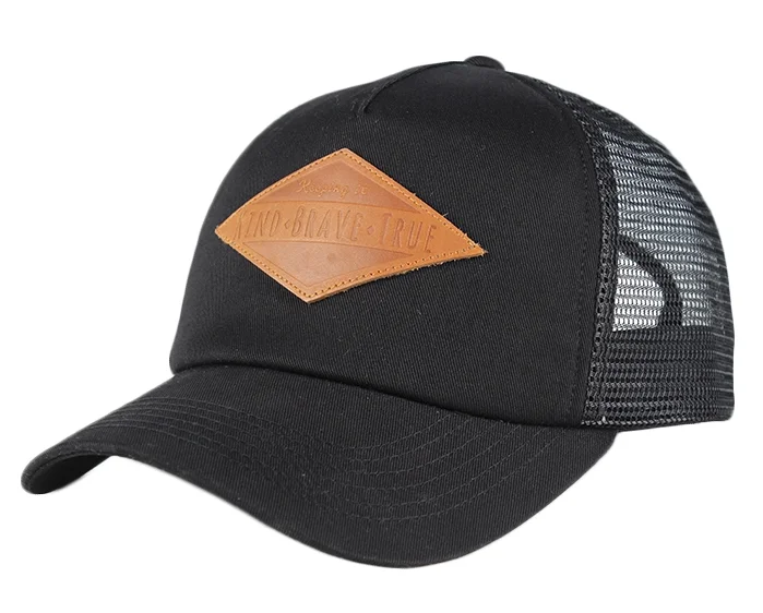 Custom Black Cotton Twill Trucker Mesh Caps Hats with Leather Patch Logo