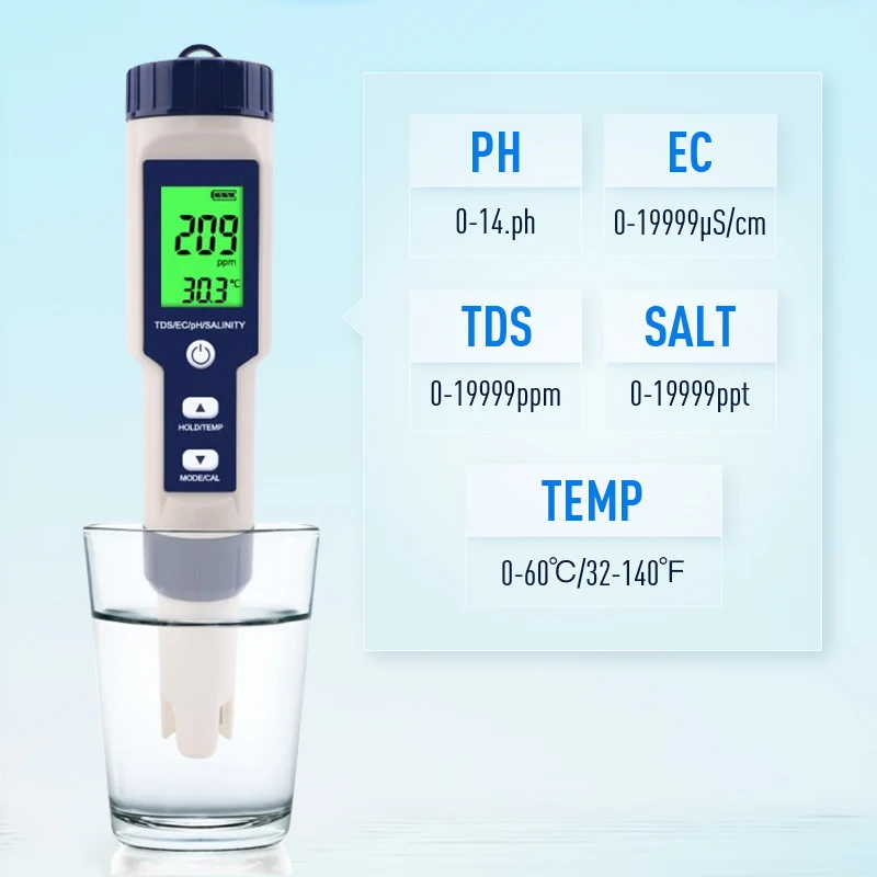  Высококачественный измеритель TDS/EC/PH/солености/температуры 5 в 1 цифровой тестер качества