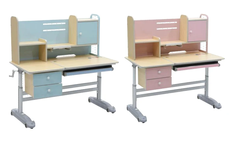 Wood top metal frame height adjustable study table and chaire for kids children furniture customized