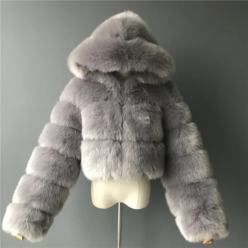 
Thick Warm Wholesale Faux Fox Fur Cropped Coat Short Beige Color Winter Clothing Fake Fur Jacket Hooded Faux Fur Coat Womens 