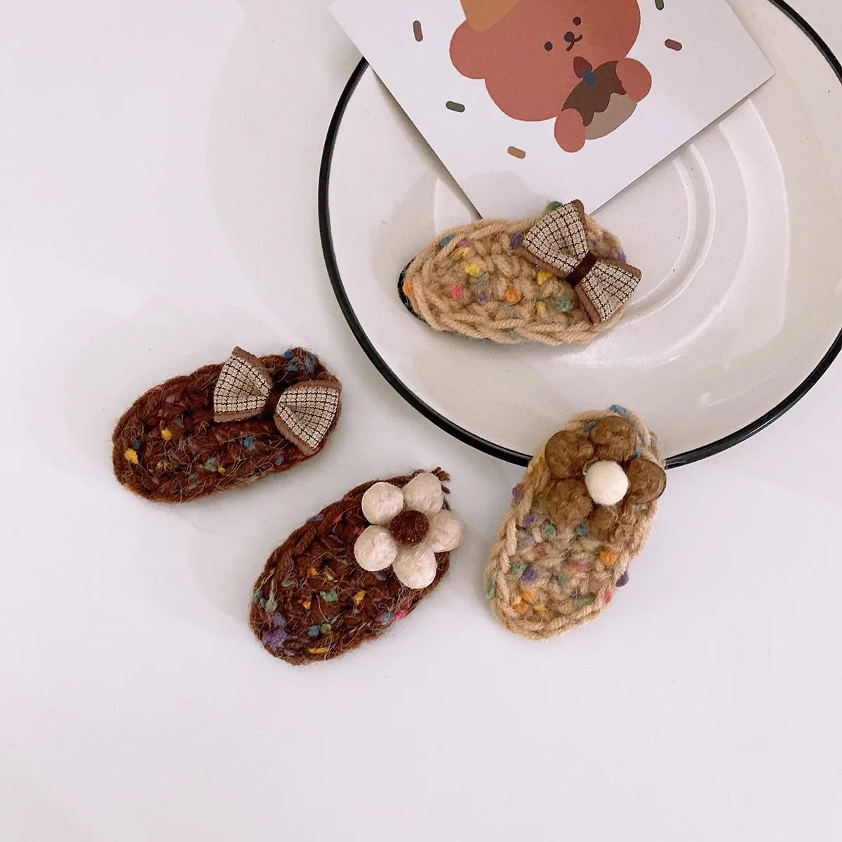 HC538D Trendy Vintage Design French Crochet Hair Clips Autumn Brown Sweet Bow Knot Wool Metal 2-piece Packed Hairgrips For Women