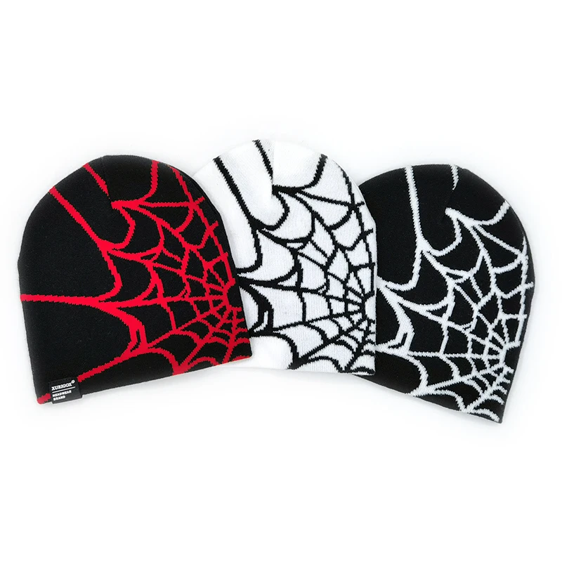 Manufacturers Custom y2k accessories fashion style spider web gothic streetwear jacquard knit no cuff beanie hat for men