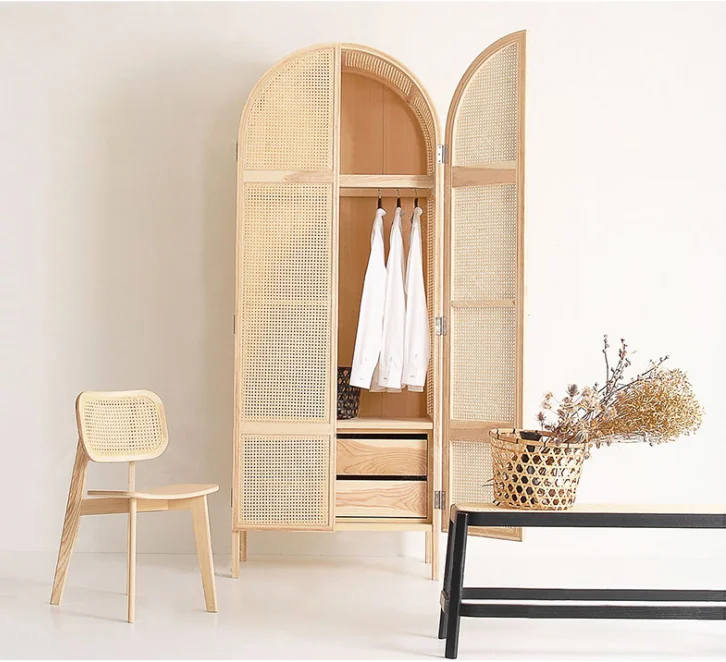 Nordic style simple homestay inn sliding door bedroom storage wardrobe solid wood rattan wardrobe