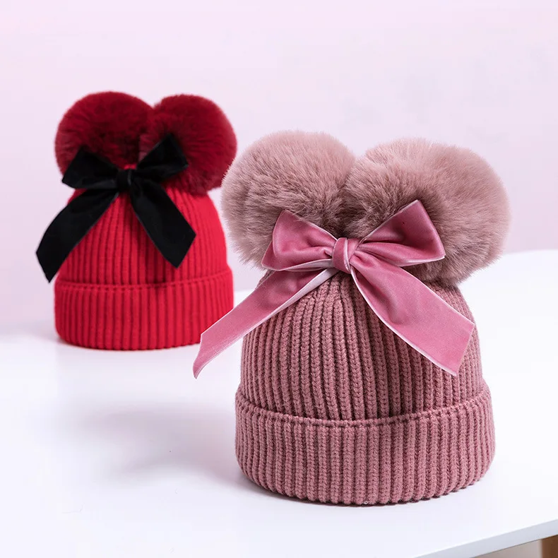 Cute Winter Warm Kids Baby Girls Boys Knitted Two Poms Skull Hats Cotton Lined Baby Double Pom Pom Beanie With Velvet Bowknot