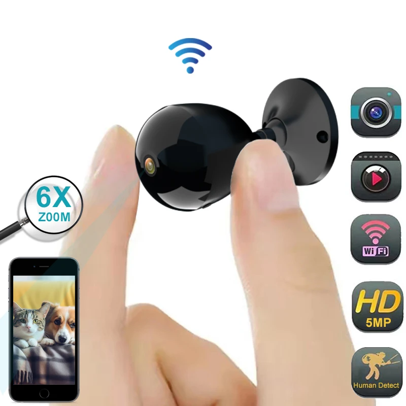 Mini Camera Wireless WiFi Remote Monitor Tiny Home lP Camera Battery 5MP 6X Zoom Video Recorder Security Surveillance DV Camera