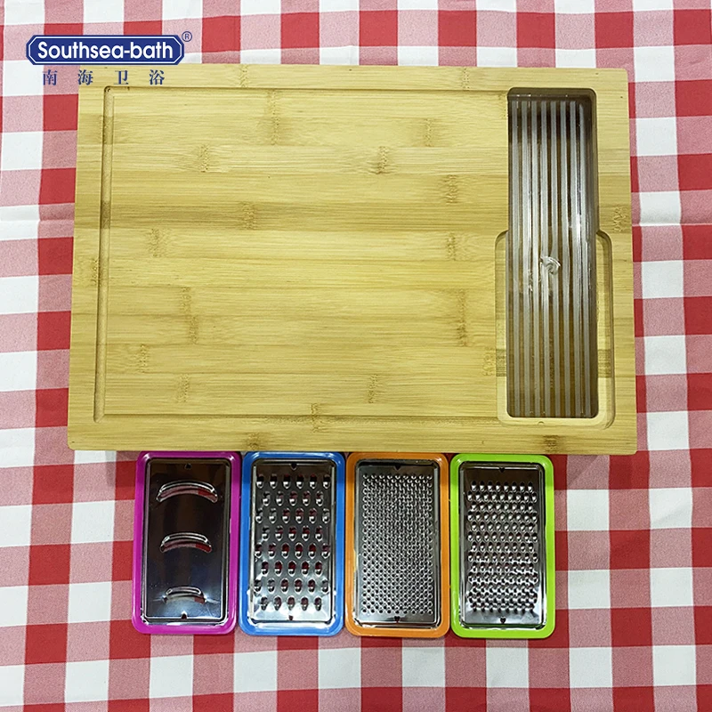 Bamboo Cutting Board Large Natural 4 Acrylic Drawers Chopping Blocks Bamboo Cutting Board Set with Vegetable Grater