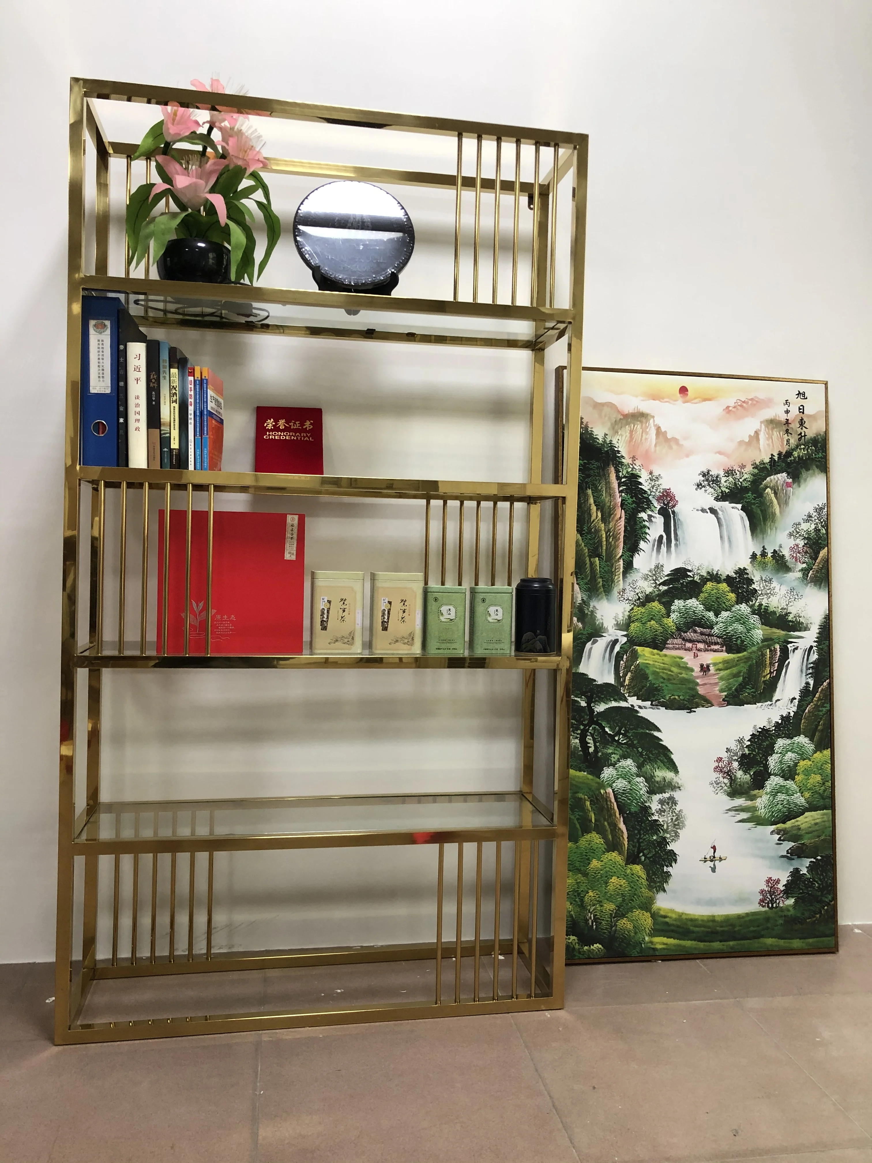 Роскошная интерьерная дизайнерская Золотая нержавеющая стальная книжная полка