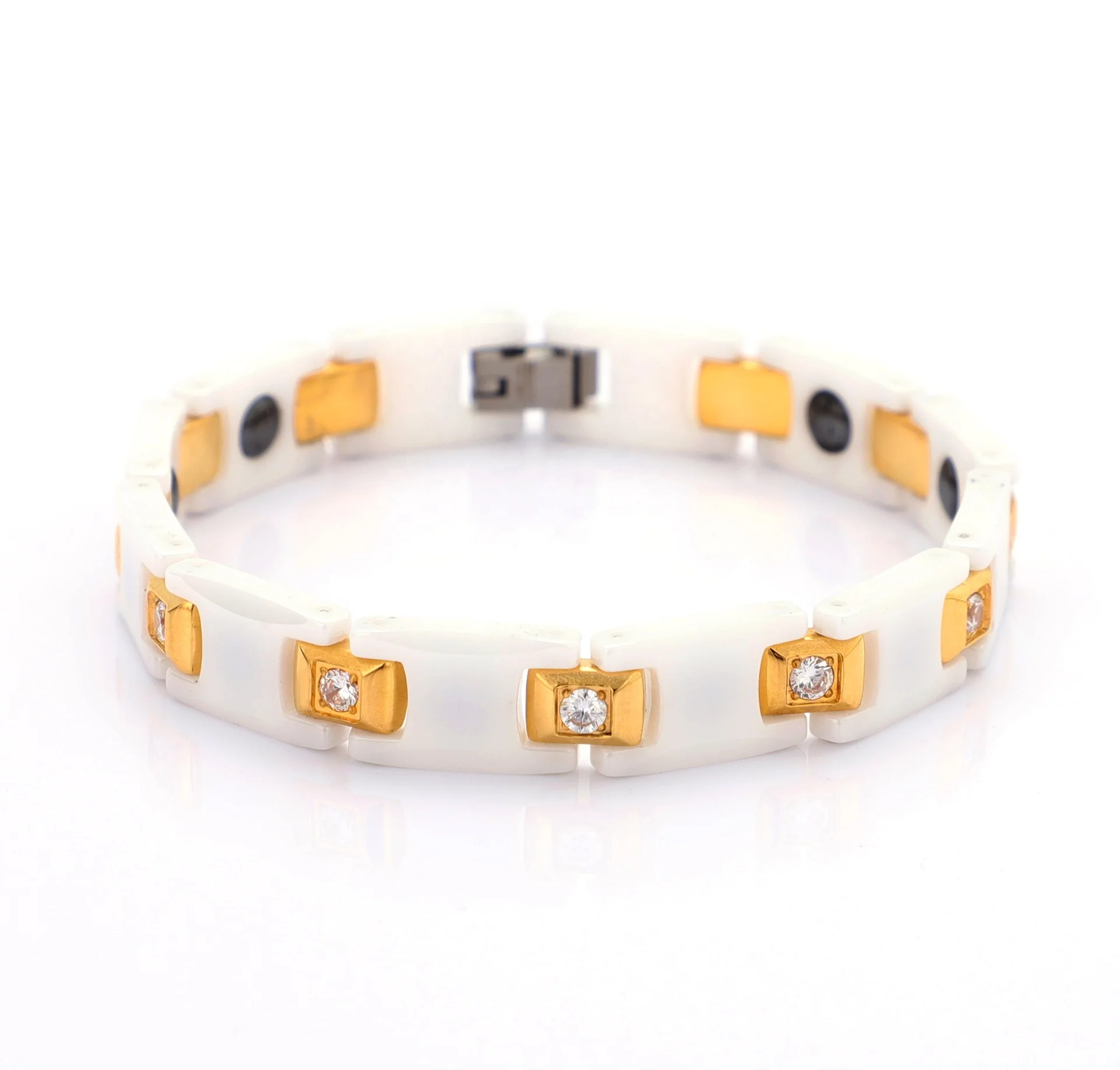 
9021 white cubic zirconia stone high quality ceramic gold plating stainless steel bracelet for man and woman charm chain oem 