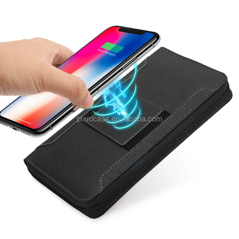 Держатель для кредитных карт мужчин и женщин длинный RFID Бумажник из искусственной кожи паспорта с внешним аккумулятором беспроводным зарядным