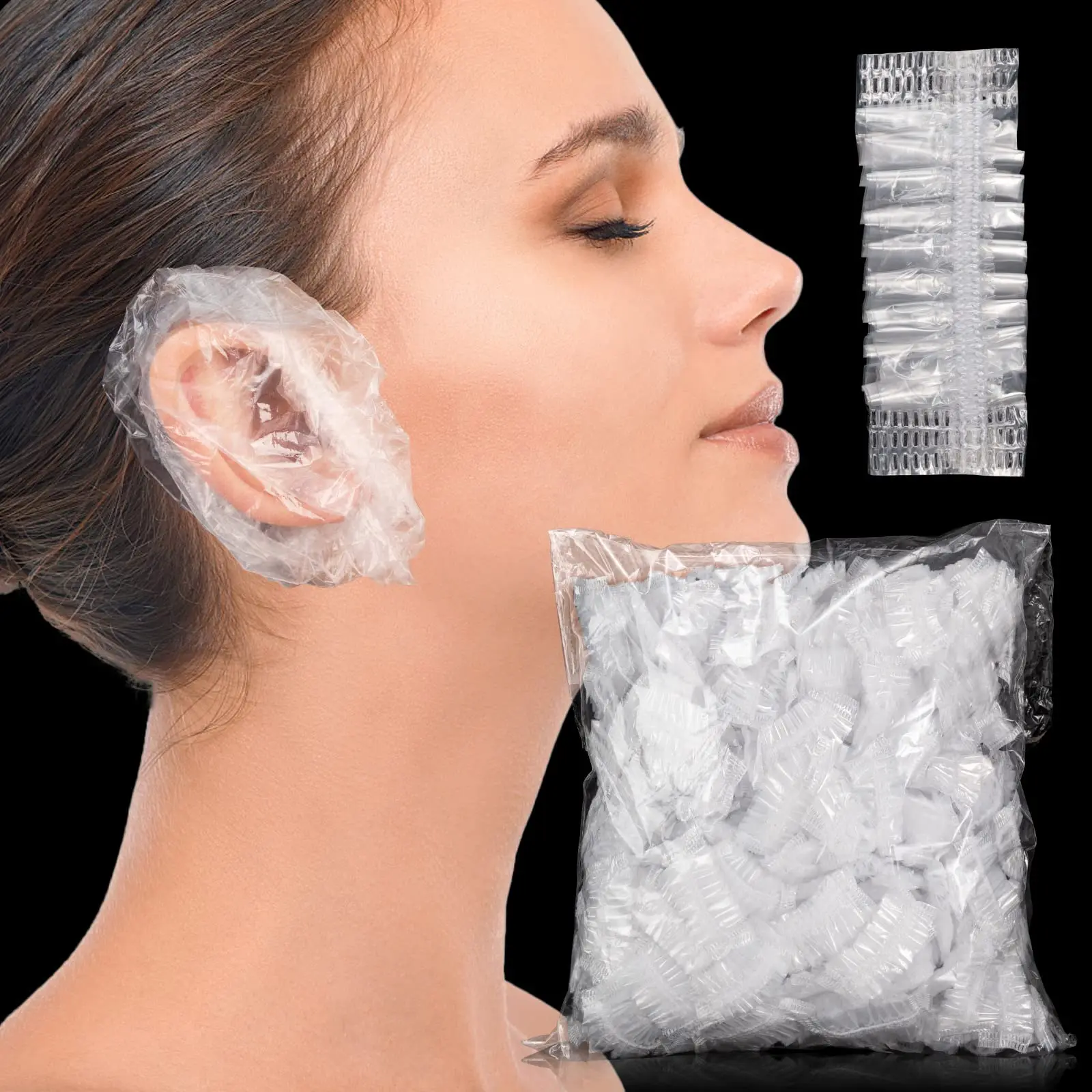 100 Disposable Ear Covers for Shower Waterproof Ear Shower Caps Plastic Hair Dye Protectors Elastic Hair Cut Ear Protectors