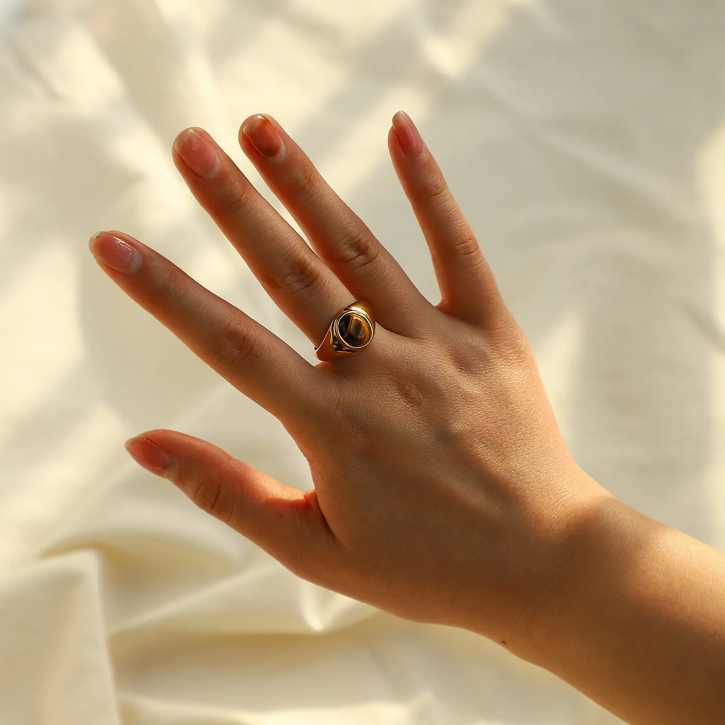 18K stainless steel metal oval tiger eye Obsidian engagement ring jewelry elegant retro titanium steel ring