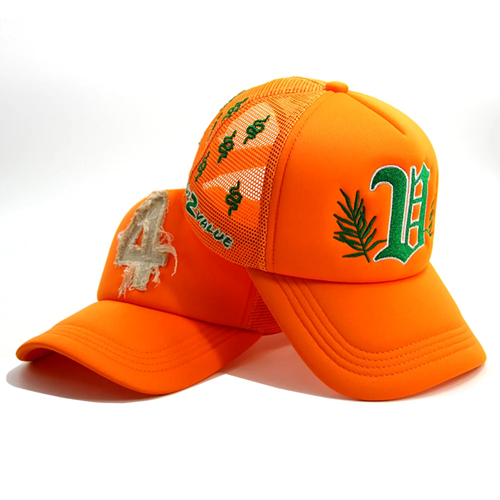 High Quality 5 Panel Foam Mesh Trucker Cap Hats with custom Applique embroidery patch logo