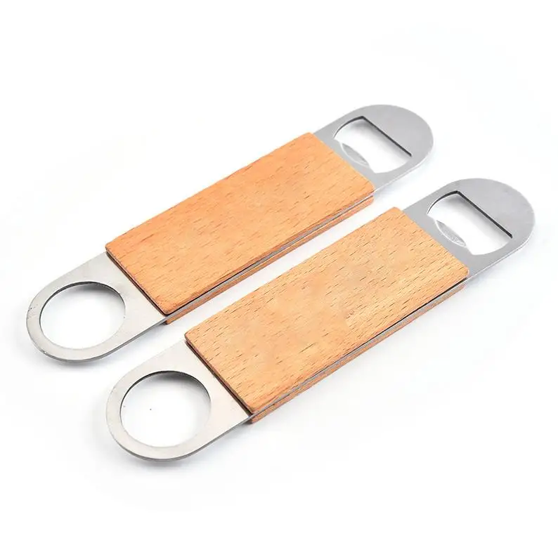 DIY Wooden Handle Stainless Steel Large Flat Beer Bottle Opener Kitchen Tools Bar Beer Wine Openers Custom Logo