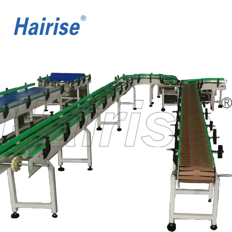 Good Quality For conveying boxes assembly line /bottle water processing Hairise 882TAB series curve slat top chain conveyor