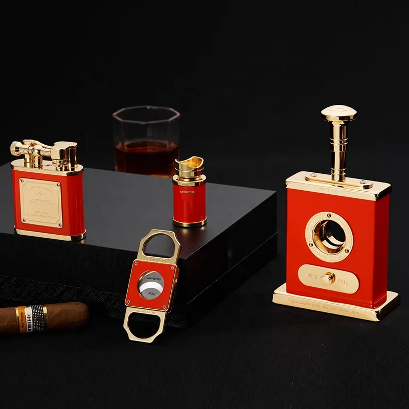 JIFENG JF-TZ263 New arrival popular color luxury business gift for cigar lover metal cigar cutter and lighter gift set accessory