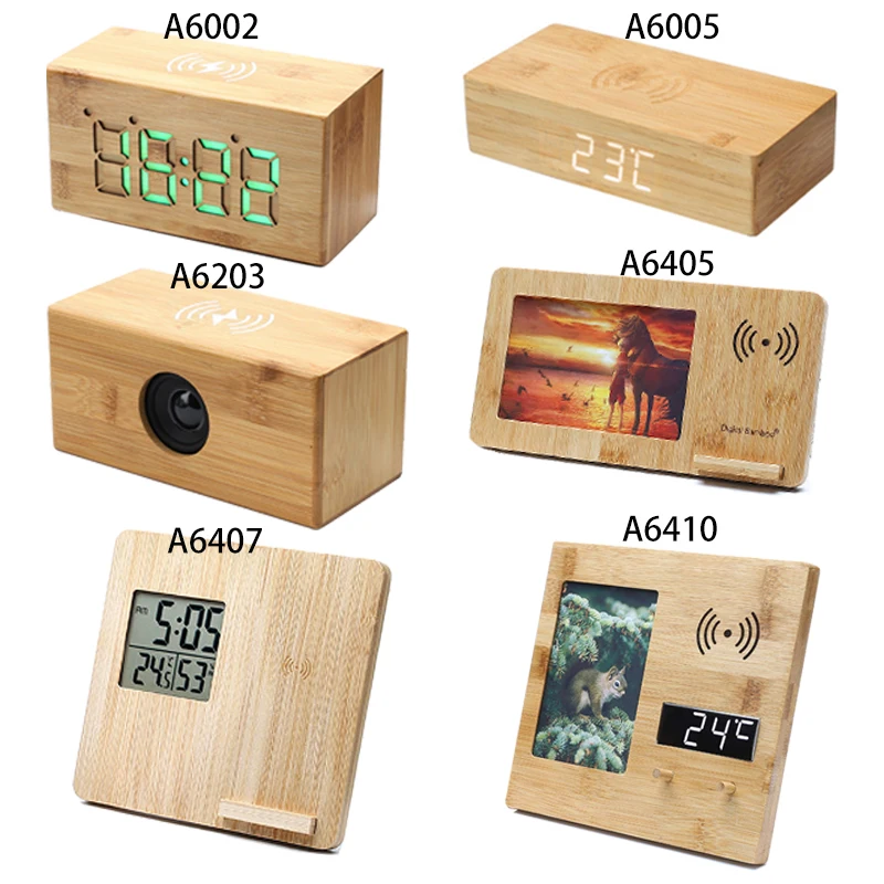 Bamboo Digital Desktop Alarm Led Wooden Table Clock with Wireless Charger
