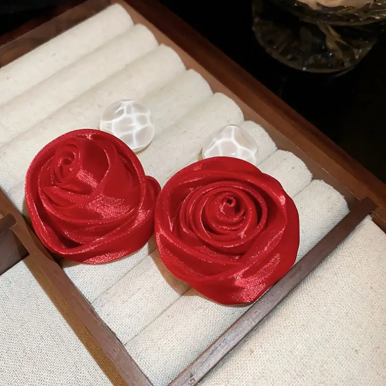 Ankela Red Fabric Rose Blossoms Earrings Sweet Atmosphere Earrings Beautiful and dignified temperament Earrings Female