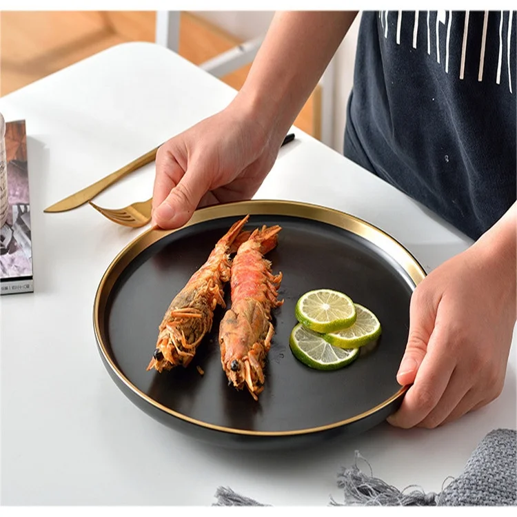 Ceramic round black and white gold rim dinner plate wedding charger plates